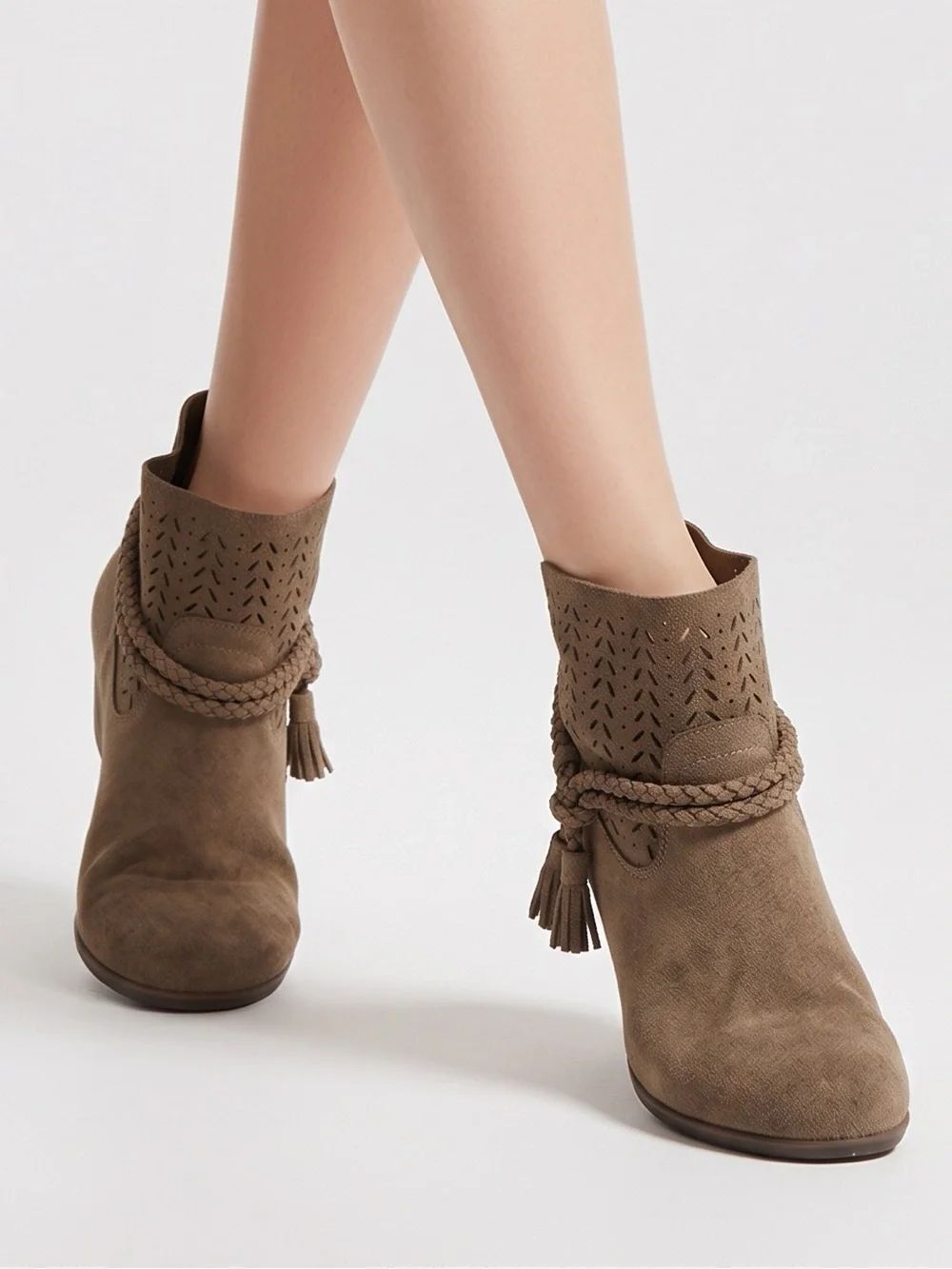 ABEO | Tan Suede Nicole Booties Braided Tassel Wrap Perforated Women’s Size 7.5